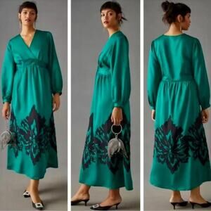 Anthropologie x Nikasha Embroidered Satin Maxi Dress Gown Emerald Green sz S